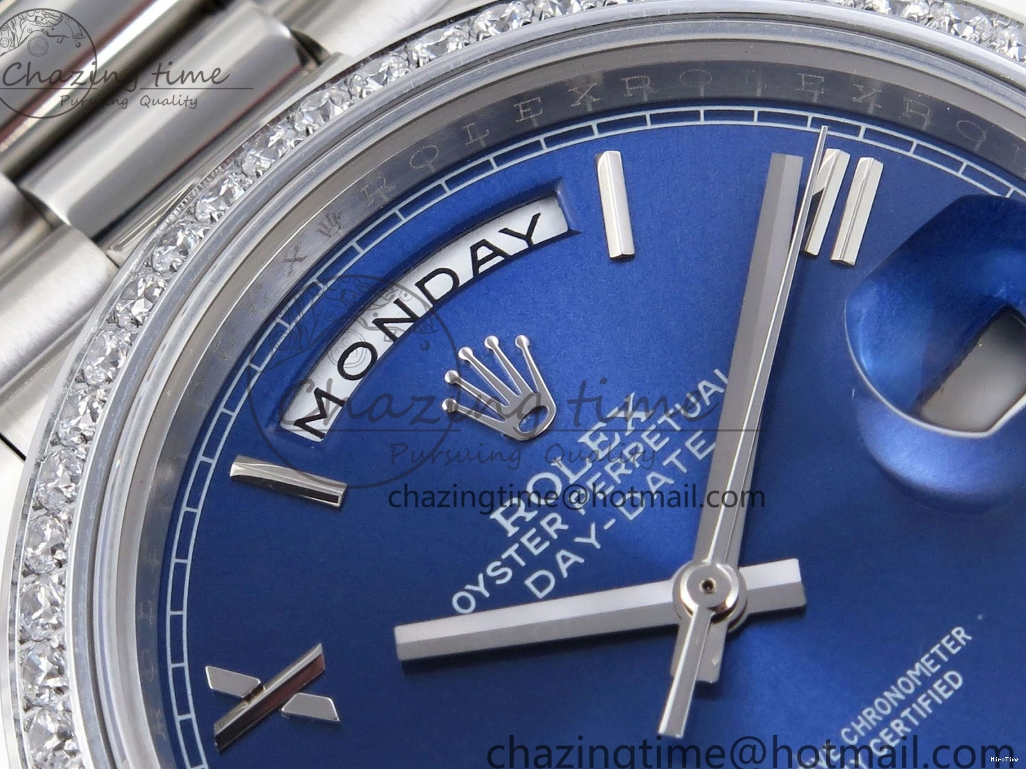 MiroTime 0426 QuickDry DayDate 40 SS GSF Gain Weight Blue Roman Dial Diamonds Bezel on President Bracelet A 1917